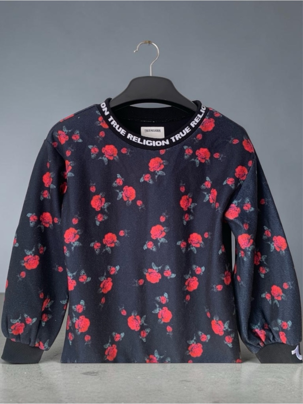True Religion Black Sweatshirt with Red Floral Design